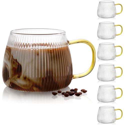AVLA 6 Pack Glass Coffee Mugs, 16OZ/480ML Unique Vertical Stripes Coffee Cup, Clear Large Tea Glasses with Handle, Vintage Transparent Glassware for Hot/Cold Beverages, Cappuccino, Latte, Juice