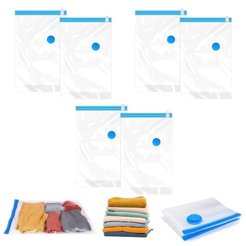 6Pack Vacuum Storage Bags for Clothes, Reusable, 40x60cm Travel Essentials Sealer Compression Bags, Space Saver Vacuum Cubes Packing Bags, for Storage Coats Clothes Towels Bedding Duvet Blanket