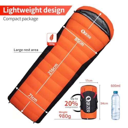 QEZER Down Sleeping Bag,Lightweight Rectangular Winter Sleeping Bag [1180g/1860g] for Adults and Kids 4 Season Camping, Hiking,Warehouse and Moutaineering Outdoor (Orange, 500g down) — view 2