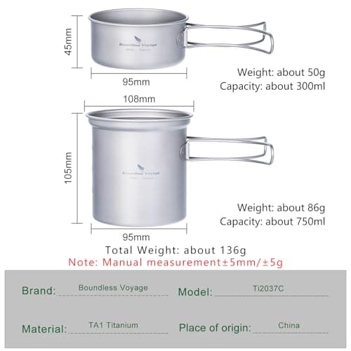 iBasingo Titanium Camping Cookset 750ml + 300ml Pot Pan Set with Folding Handle Lightweight Outdoor Cooking Mess Kit for Backpacking, Hiking & Travel Portable Compact Cookware Ti2037C — view 2