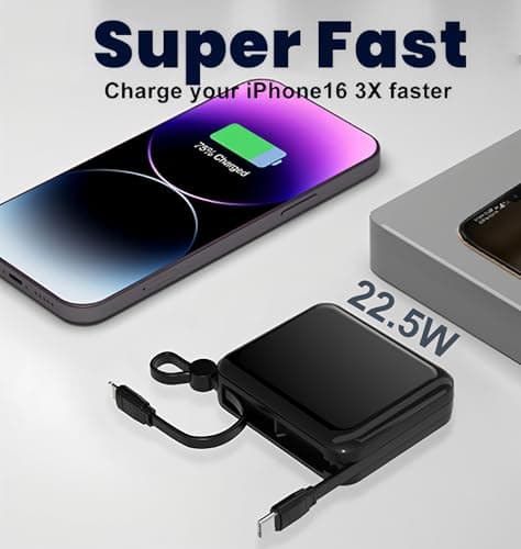 Small Power Bank, 10000mAh Fast Charging Portable Charger with Built-in Cables, 22.5W PD LED Display Travel Essential USB C Battery Pack for iPhone 16/15/14/13 Android Tablet (Black) — view 3
