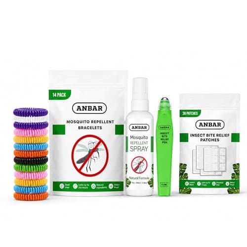 Anbar 4-Pack Outdoor Mosquito & Insect Repellent Bundle - Natural Deet-Free Protection Mosquito Repellent Bracelets, Mosquito Repellent Body Spray, Bite Relief Pen, Itch Relief Patches Adults & Kids