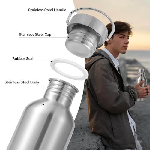 Volhoply 600ml Uninsulated Single Walled Water Bottle 4 Pack, Stainless Steel Reusable Water Bottles with Handle, BPA Free & Plastic Free 18/8 304 Metal Water Bottles for Camping, Hikers, Cyclists — view 5
