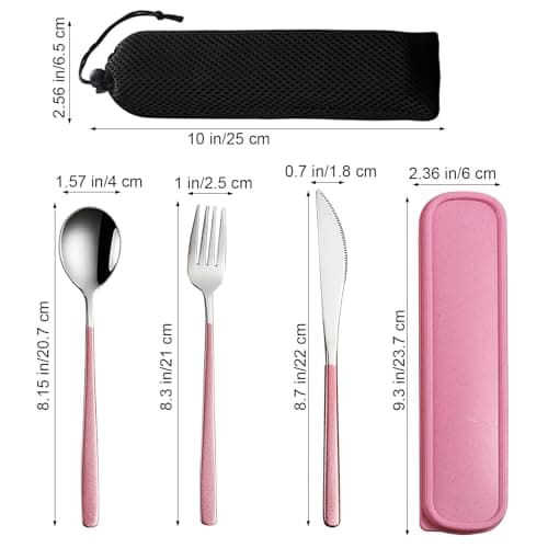 VANRA 3-Piece Portable Travel Utensils Set with Case 18/8 Stainless Steel Flatware Set Reusable Cutlery Set with Fork Spoon Knife for Lunch Travel Camping School Work Picnic (Pink) — view 2