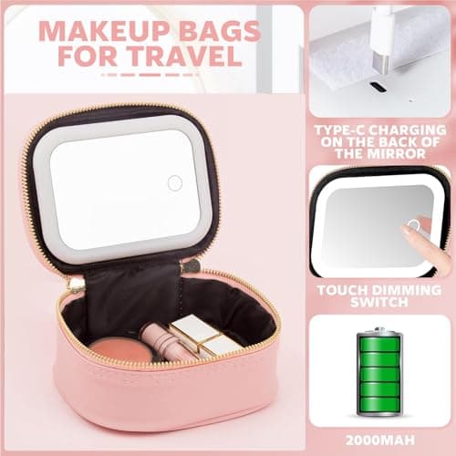 STORICANS Makeup Bag with Mirror, Travel Makeup Organiser Case with Mirror and Light, Mini Cosmetic Organizer, 3 Levels Brightness Adjustable, Portable Artist Storage for Women (White) — view 2