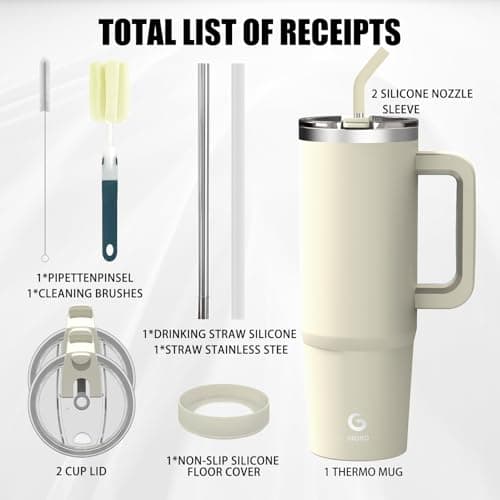 BIGRD 890ml Insulated Coffee Cup Travel Mug Double-Walled Stainless Steel Vacuum Leak-Proof Drinking Cup with Handle and Straw Thermal Tumbler,Beige — view 6