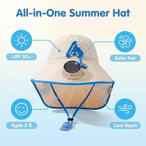 Kids Cool Fan Sun Hats,Cute Solar & USB Charging Fan Sun Caps,Wide Sun Protection Bucket Hat with Detachable Neck Flap, Adjustable Summer Cooling Hat for Boys Girls Outdoor Beach (Blue) — view 2