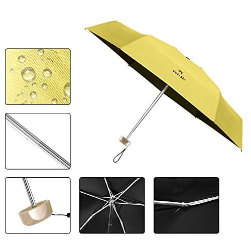 Vicloon Mini Umbrella, Pocket Umbrella with Golden Handle, 210T Black Rubber Cloth & 6 Aluminum Alloy Ribs, Foldable Compact Travel Umbrella, UPF>50+ UV Resistance — view 6