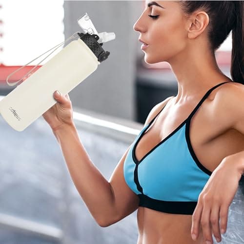 GOPPUS 1L/32oz Stainless Water Bottle with Straw Double Wall Insulated Bottles with Strap Reusable Vacuum Thermal Flask Leakproof Keep Cold Drinks Bottles with Flip Top Lid BPA Free (Beige) — view 6