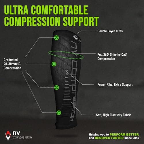 NV Compression Essential Race and Recover Calf Guards/Sleeves (PAIR) 20-30mmHg - For Sports Recovery, Shin Splints, Medical, Work, Flight - Running, Cycling, Gym (Black/Grey Stripes, S-M) — view 4