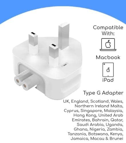 UK Plug for Macbook Charger Adapter - 3 Pin AC Power Adaptor Wall Plug Replacement with Fuse, Compatible with MacBook Pro/Air,iPhone,iPad,MagSafe Chargers,Travel Essential(White, One Size) — view 4