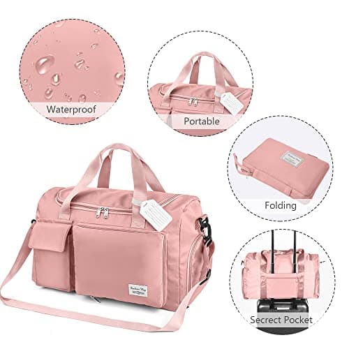 Duffel Bag, Foldable Overnight Weekend Bags for Women, Lightweight Hospital Bag with Wet and Dry Separation Bag, Large Holdall/Cabin/Gym Bag for Sports and Travel - Pink — view 6
