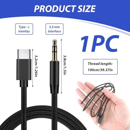 USB C to 3.5mm Aux Audio Jack Cable Type C to 3.5mm Male Headphone Adapter Stereo Cord Auxiliary Wire USB-C Compatible with Samsung Huawei iPhone Galaxy Nylon Braided Black 1m — view 2