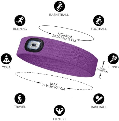 ATNKE LED Lighted Headband, USB Rechargeable Running Hat Ultra Bright 4 LED Waterproof Light Lamp Headlamp High Stretch Moisture Wicking Multi-Color/Inner Purple — view 2
