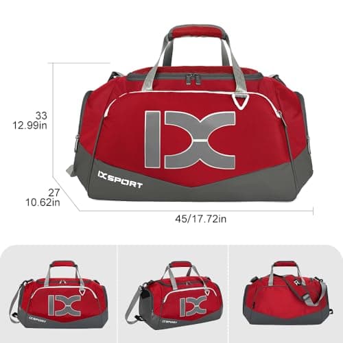 INOXTO Large Foldable Sports Gym Bag with Wet and Dry Pockets and Shoe Compartment for Men and Women, Weekend Overnight Camping Travel Duffel Bag (red with White, Standard) — view 2