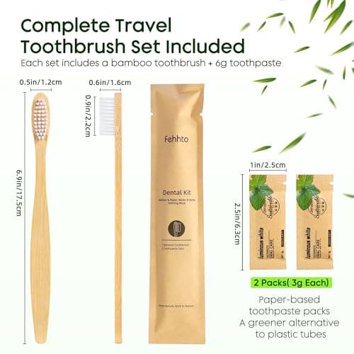 FEHHTO 100 Pack Bamboo Toothbrushes Kit Bulk, Disposable Toothbrushes Soft Bristle with Toothpaste (6g), Individually Wrapped Guest Dental Kit for Hotel Amenities, Airbnb Hosts, Travel & Camping — view 2