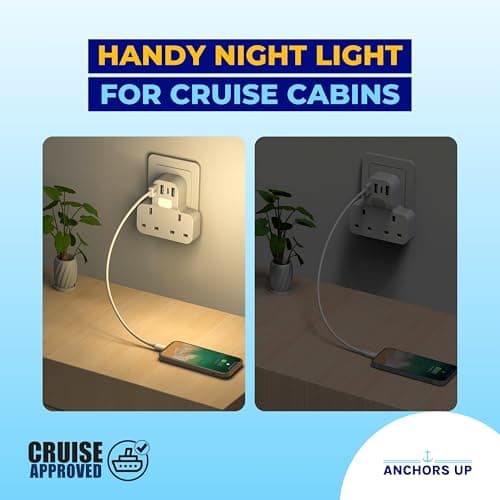 Cruise Approved UK Extension Multi-Plug 7-in-1 – Non Surge for Cruise Ships – 4 USB Ports and Night Light – Works on P&O, Marella, Cunard, Fred Olsen, Ambassador and more – Cruise Essential — view 6