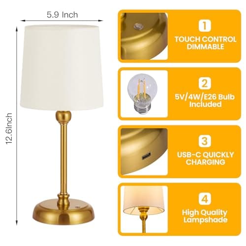 Rechargeable Cordless Table Lamp, 6000mAh Battery Bedside Lamp with Touch Dimming & Brightness Memory, Portable LED Lamp, Warm 2700K Small Dimmable Lamps for Bedroom, Living Room, Indoor - Gold — view 6