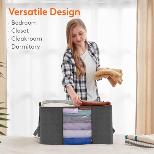 Lifewit 105L Clothes Storage Bags Large Storage Box With Lid Packing Boxes for Moving House With Reinforced Handle Thick Fabric Clear Window for Clothes Duvet Blankets Bedding, 3 Pack, Grey — view 6