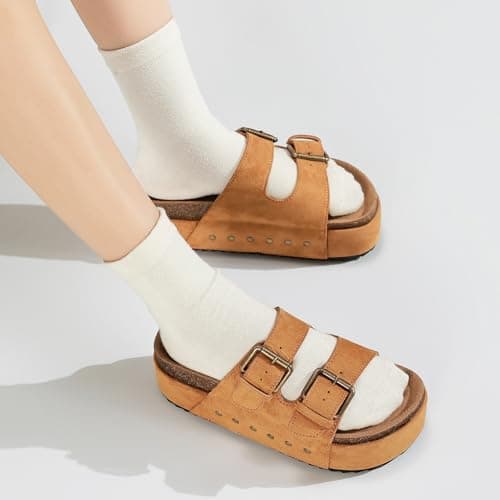 Women's Platform Sandals Cork Footbed Adjustable Double Buckle Slides — view 6