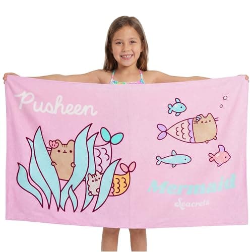 Get Trend Pusheen Beach Towel for Girls, 100% Cotton Bath Towel for Kids & Teens, Soft & Absorbent with Mermaid-Themed Design, Travel, Swimming Pool, Home & Holiday Essentials