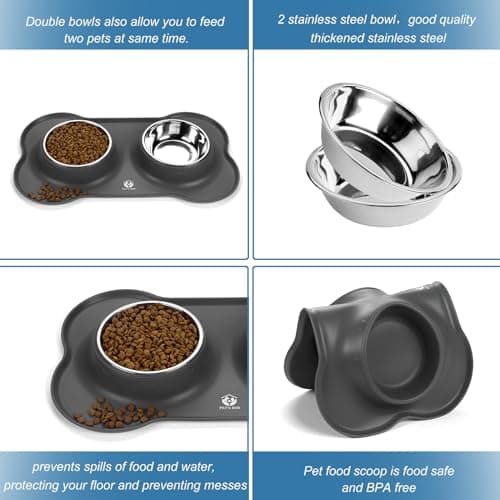 PET'S HUB Pet Feeding Bowl Set, Double Bowls with Silicone Mat Tray for Cats, Puppies, and Small Dogs. (Grey, Small) — view 6