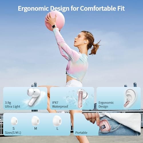 2026 New Wireless Earbuds, Bluetooth 5.4 Headphones In Ear with Noise Cancelling Mic, 46H Headphones with 3D Bass Stereo Sound, Ultralight, USB-C LED, Waterproof IPX7 Earphones for Android iOS. Pink — view 6