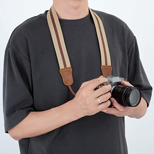 Padwa Lifestyle Beige Brown Stripe Camera Strap - 1.5" Wide Crazy Horse Cowhide Ends Camera Straps for All DSLR Cameras,Universal Adjustable Pure Cotton Woven Strap,Great Gift for Photographers — view 3