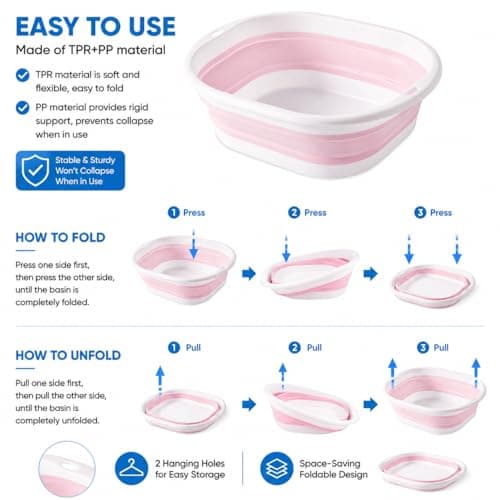 Lafefe Thickened Collapsible Washing Up Bowl, Portable Folding Wash Basin with Handles, Space Saving Camping Sink Multipurpose for Camping, Caravan, Kitchen & Travel(Pink, 5L) — view 3