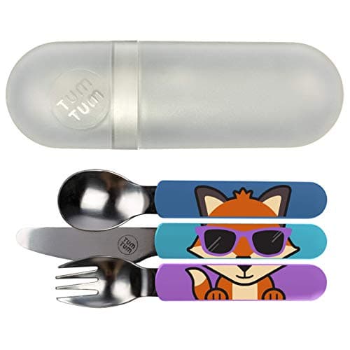 TUM TUM Toddler Cutlery Set with Travel Case, 3 Pcs Kids Cutlery Set Stainless Steel Includes 1 x Fork/Spoon/Knife, Kids Travel Cutlery Sets, BPA Free (Felicity The Fox)