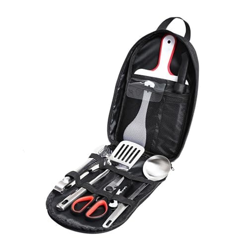 BRAVECOW Portable Cookware Utensils 9Pcs Outdoor Camping Cookware Set Barbecue Stainless Steel Picnic Tableware Simple Kitchen with Organizer Bag Travel Camping Cooking Accessories — view 3