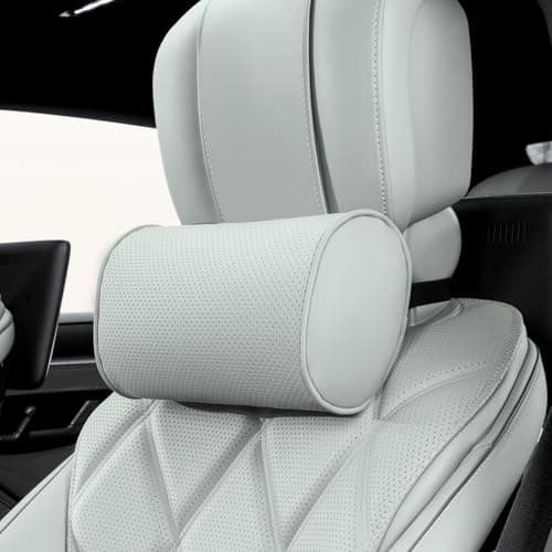 Dapucarin Car Headrest Pillow for Driving - Luxury Leather 100% Memory Foam, Ergonomic Neck Support - Universal Fit Head Rest Travel Pillow for Most Cars, Home & Office, Gray, 1 Pack