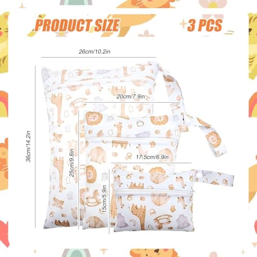 3 PCS Dinosaur Pattern Nappy Bags,Reusable Nappy Bag Organiser Baby Items, Travel Laundry Bag, Wet Bag for Swimming, Waterproof Wet Dry Bags for Travel, Beach, Camping, Swimming, Gym (Lion) — view 2