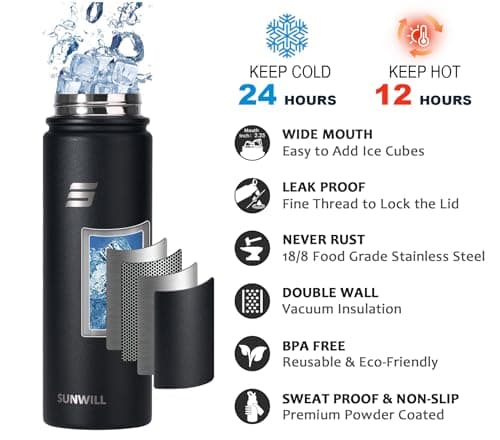 SUNWILL Metal Water Bottle with Straw Stainless Steel, 650ml Insulated Leakproof Thermal Flask for Cold and Hot Drink, Travel, Sports, Gym, Black — view 3