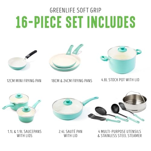 GreenLife Soft Grip Healthy Ceramic Nonstick 16 Piece Kitchen Cookware Pots and Pans Set, Includes Frying Pan Skillets Sauce and Casserole, PFAS-Free, Oven Safe, Turquoise — view 5