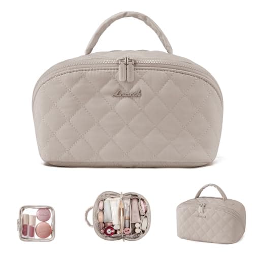 LOVEVOOK Travel Makeup Bag, Flat Lay Make Up Pouch Womens, Large 2Pcs Set Cosmetic Organiser with Compartments, Waterproof Puffer Toiletry Bag with Handle & Divider, Portable Gift for Her, Khaki
