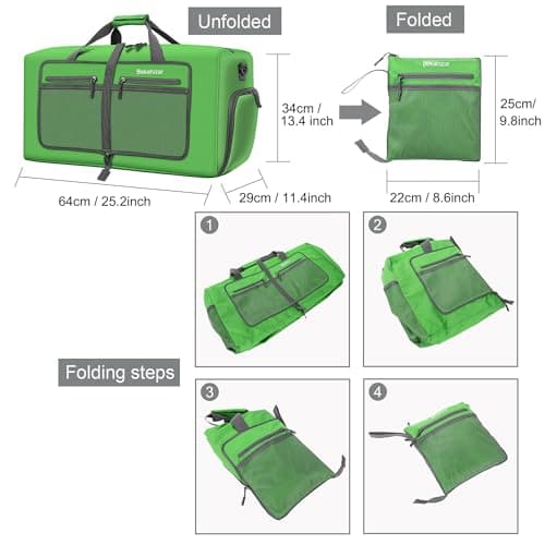 Bekahizar Travel Duffle Bag 60L Lightweight Foldable Holdall Duffels Large Weekend Overnight Bag Packable Carry On Luggage with Shoe Compartment for Men Women Camping Storage Gym Beach (Dark Green) — view 3