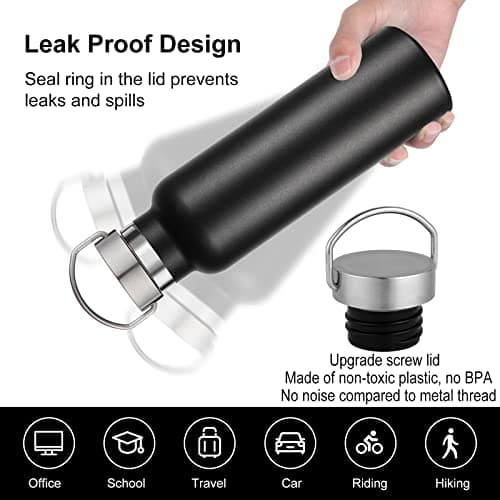 Volhoply Black Stainless Steel Water Bottles,600 ML Vacuum Insulated Double Wall Travel Bottle with Leak Proof Lid of Handle,Metal Reusable Standard Mouth Flask for School,Hikers,Gift — view 4