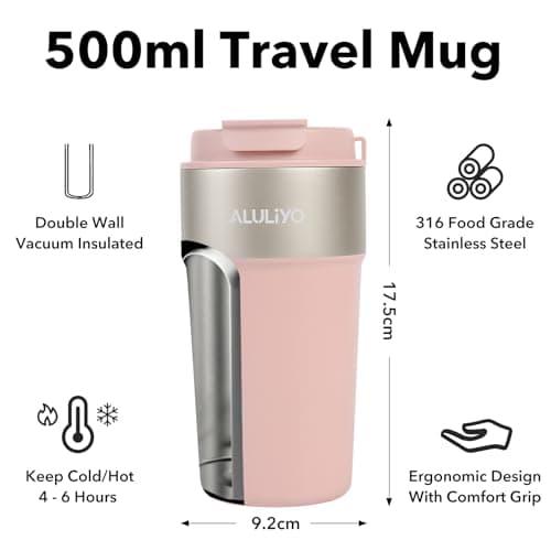 ALULIYO Travel Mug, Insulated Coffee Cup with Straw & Lid, 500ML, Pink — view 2