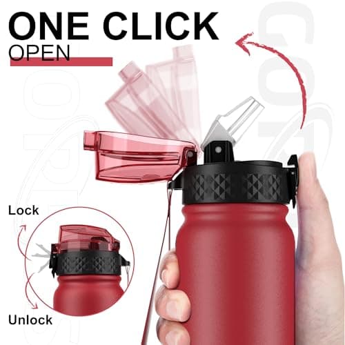 GOPPUS 600ml/20oz Stainless Water Bottle with Straw Double Wall Insulated Bottles with Strap One Hand Open Vacuum Thermal Flask with Flip Top Lid Leakproof Keep Cold Drinks BPA Free (Red) — view 2