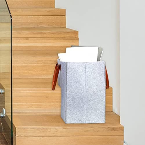 Keyohome Foldable L-shape Stair Basket Organiser, Large Stair Storage Organizer, Large Stair Tidy Basket Storage, Felt Stair Storage Bag with Faux Leather Handles for Laundry Toys Household (Grey) — view 4