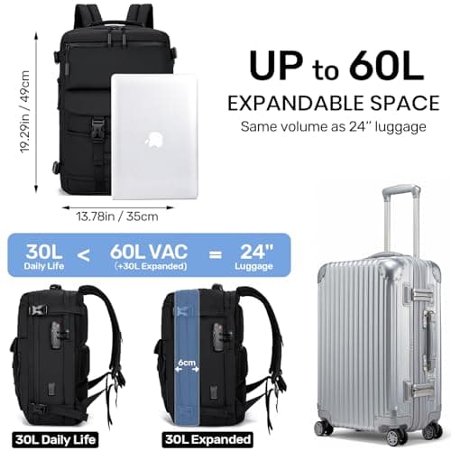 H.yeed Vacuum Backpack Travel Bag with Pump, Expandable 60L Travel Rucksack with USB/Type-C Charging Port&TSA Lock, Waterproof Lightweight Business Laptop Backpack, Fits 17.3 Inch Laptop-Black, M4 — view 2