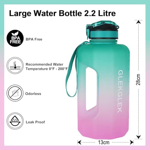GLEKGLEK 2.2L Water Bottle with Straw, Handle, Leakproof, Green Pink — view 3