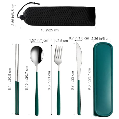VANRA 4-Piece Portable Travel Utensils Set with Case 18/8 Stainless Steel Flatware Set Reusable Cutlery Set with Fork Spoon Knife Chopstick for Lunch Travel Camping School Work Picnic (Deep Green) — view 2