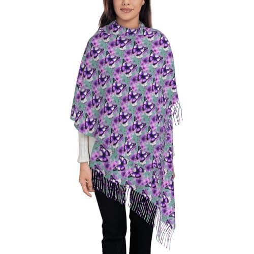 Purple Butterfly Print Elegant Fringe Scarf Shawl Wrap For Women Winter Fall Spring Travel Accessory Gift — view 3