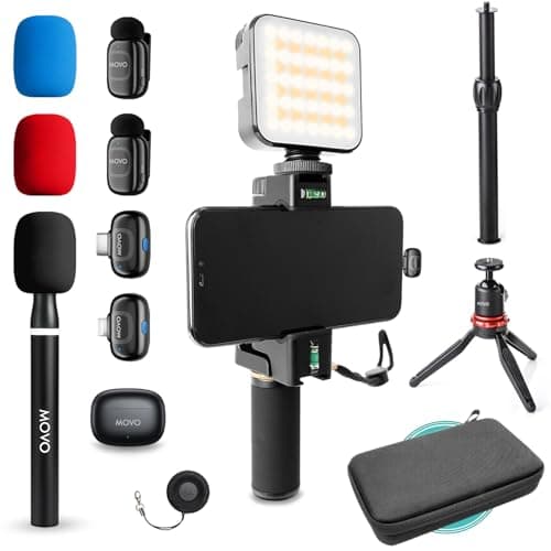 Movo iVlogger-PRO Vlogging Kit for iPhone/Android - YouTube Starter Kit for Content Creators - Accessories: Phone Tripod, Phone Mount, RGB Light and VXR10 Shotgun Mic (iVlogger-PRO-Wireless)