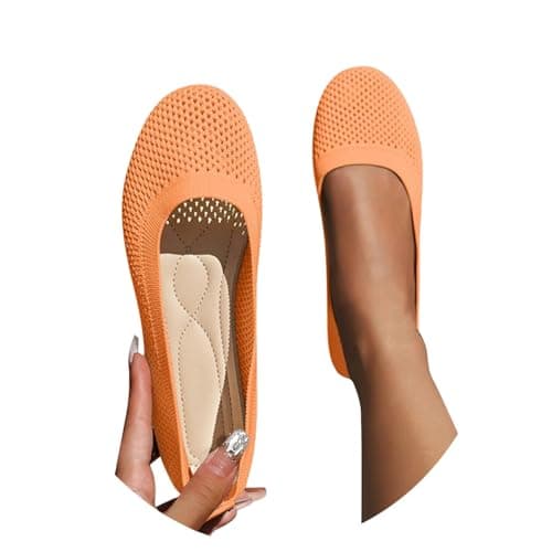 Women's Ballet Flats Wide Fit Slip On Shoes Breathable Knit Mesh Flat Shoes Lightweight Comfortable Pumps for Office Walking Travel Casual Wear Orange size 3 — view 4