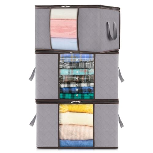 Lifewit 50L Clothes Storage Bags Large Storage Box With Lid Packing Boxes for Moving House With Reinforced Handle Thick Fabric Clear Window for Clothes Duvet Blankets Bedding, 3 Pack, Light Grey