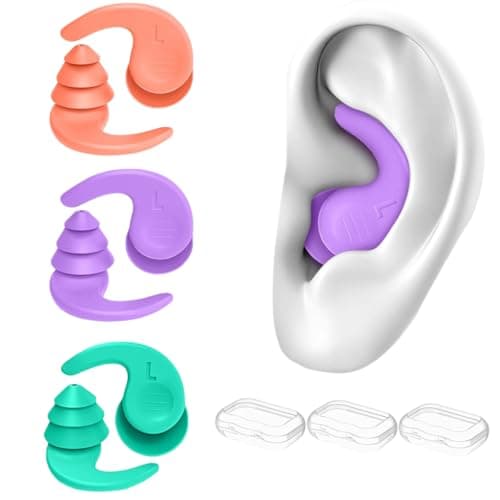3 Pairs Swimming Ear Plugs for Adults,Silicone Waterproof Reusable Swim Earplugs for Surfing, Showering,Water Sports and Swimming Ear Plugs (Pink + Orange + Green, Adults & Teens)