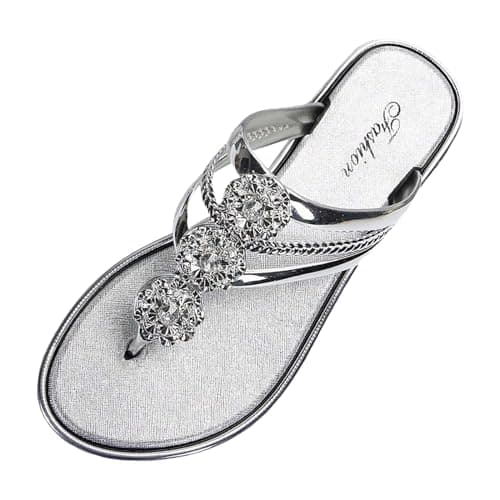 BFYSFBAIG Women's Sparkly Flip Flops with Diamante, Glitter Sandals for Women, Flat Thong Slide Mules for Summer Beach Pool Travel (Silver, Adult, Women, 6, Numeric, UK Footwear Size System, Medium)
